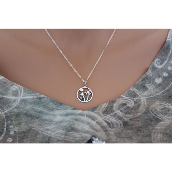Sterling Silver Palm Tree Sunset Charm Necklace - Picture 2 of 3